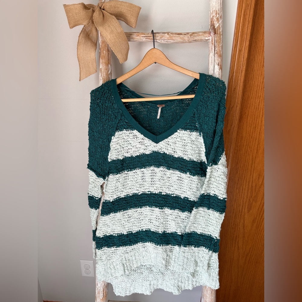 Free People Songbird Striped Sweater Teal Green Small